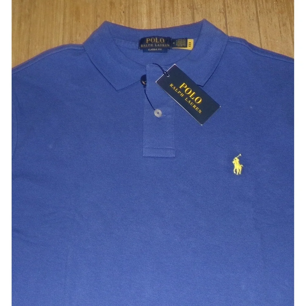 Polo Ralph Lauren Mens Classic Fit Short Sleeve Pique Polo Shirt Blue Yellow Med
